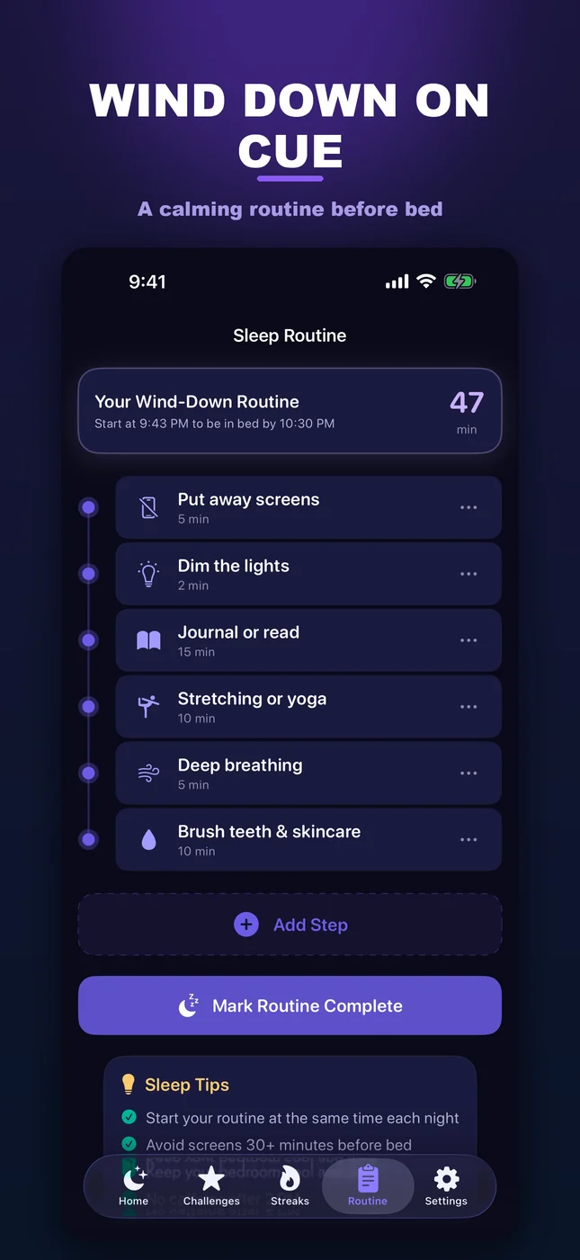 SleepLock wind-down routine checklist with steps like putting away screens