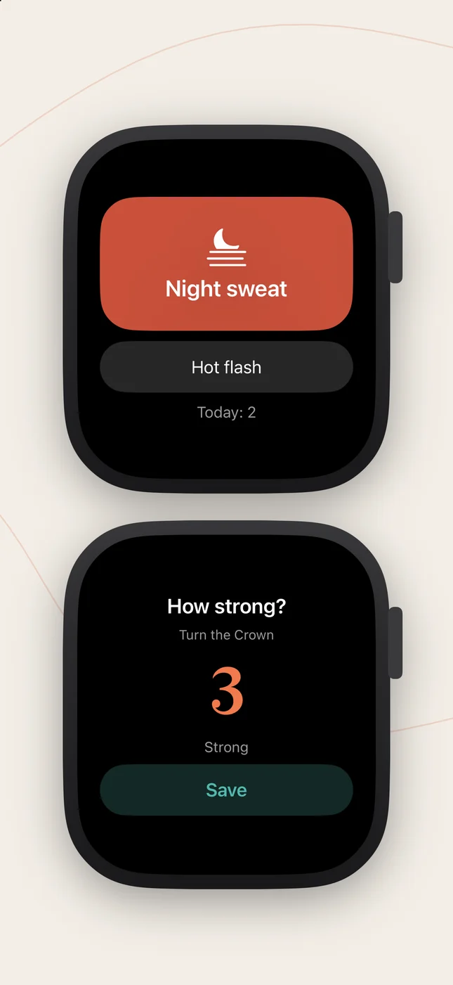 MenoMap on Apple Watch: the Night sweat button and a strength rating set with the Digital Crown