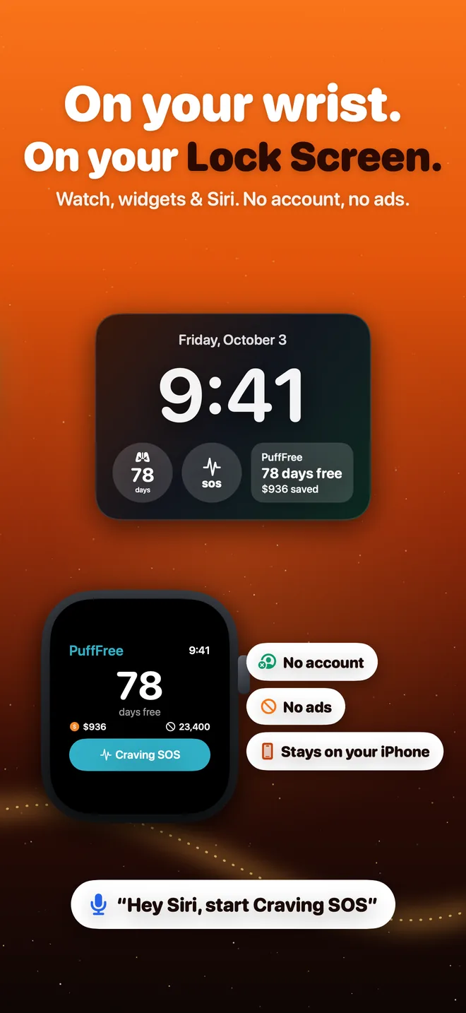 PuffFree on Apple Watch, Lock Screen widgets and Siri
