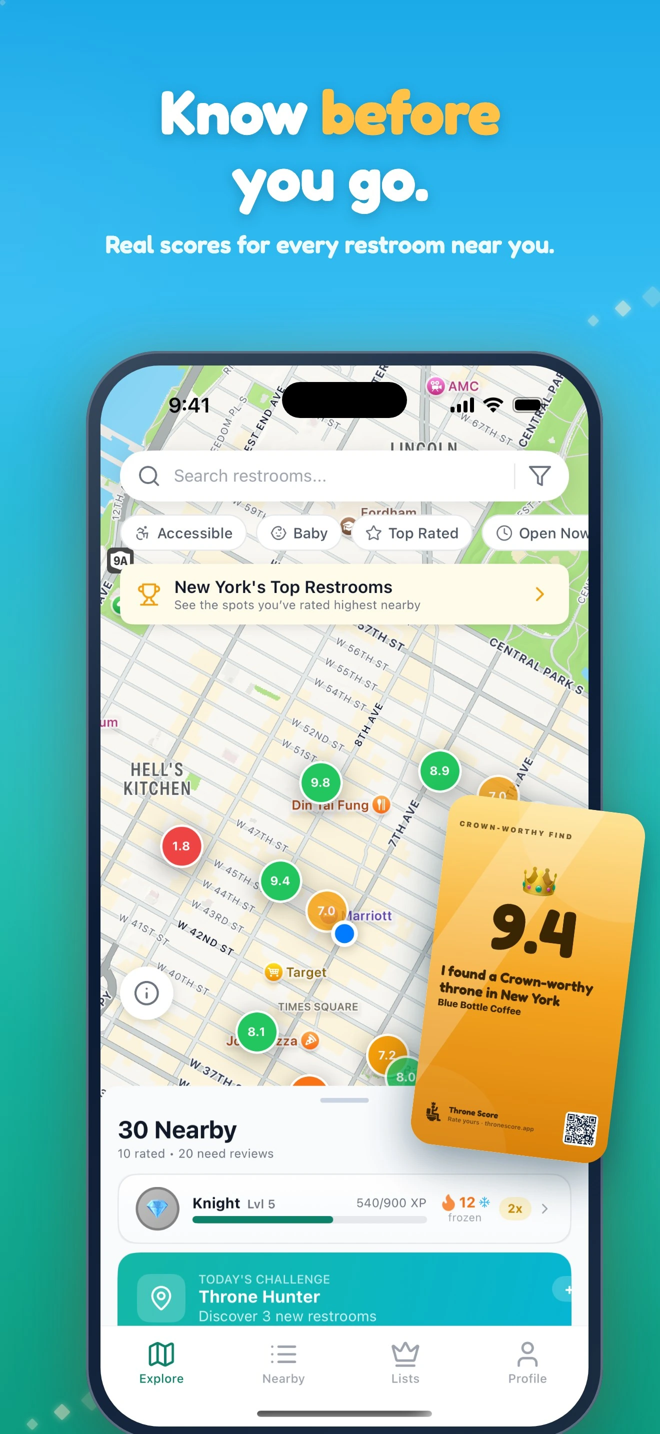 Throne Score map with color-coded scores for nearby restrooms