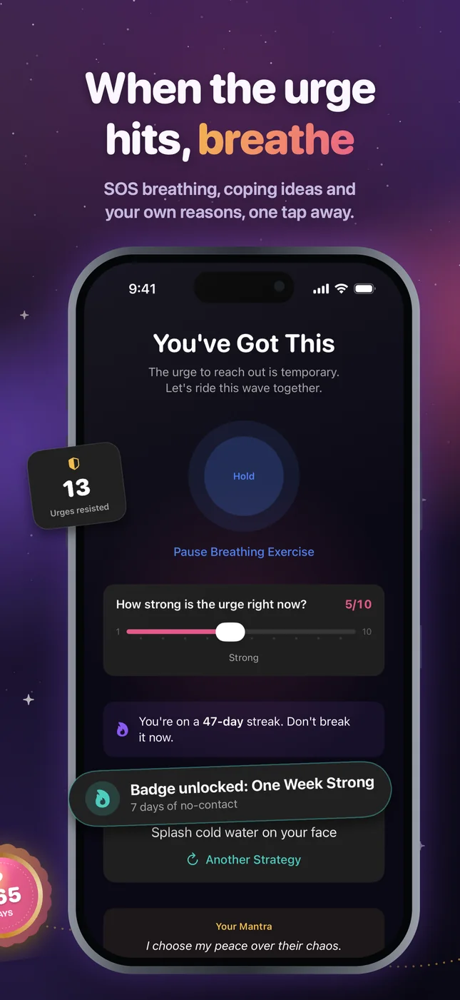 SOS screen with guided breathing for the urge to text an ex, and a badge unlocking