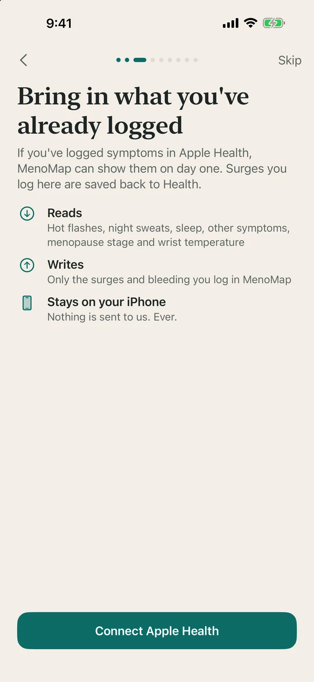 Connect Apple Health screen: what MenoMap reads and what it writes back