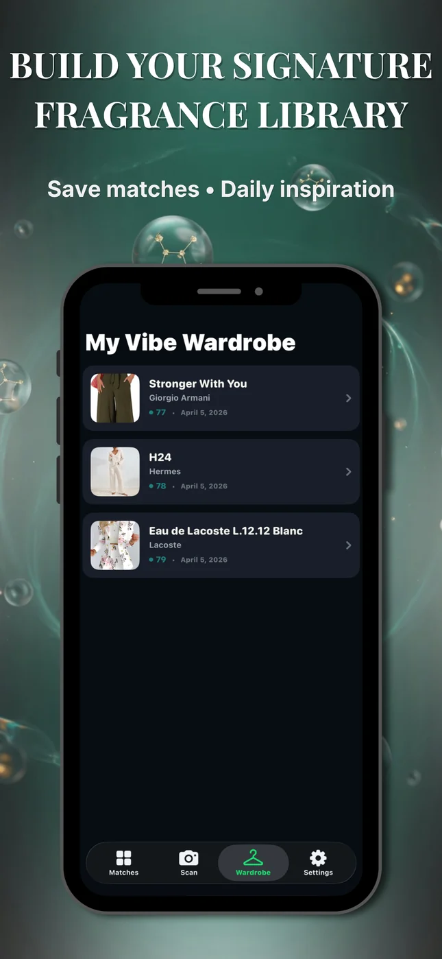 ScentVibe AI Vibe Wardrobe with saved fragrance matches