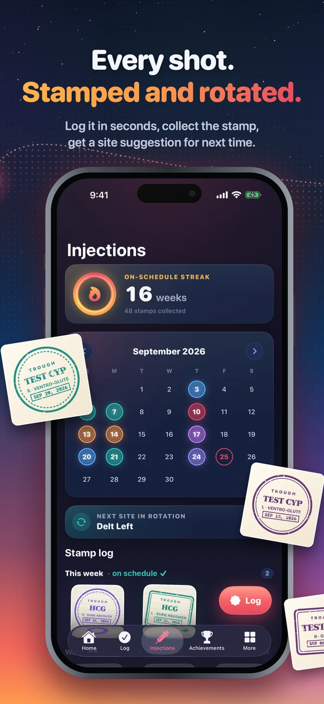 Trough injection calendar with on-schedule streak, dose stamps and the next site in rotation