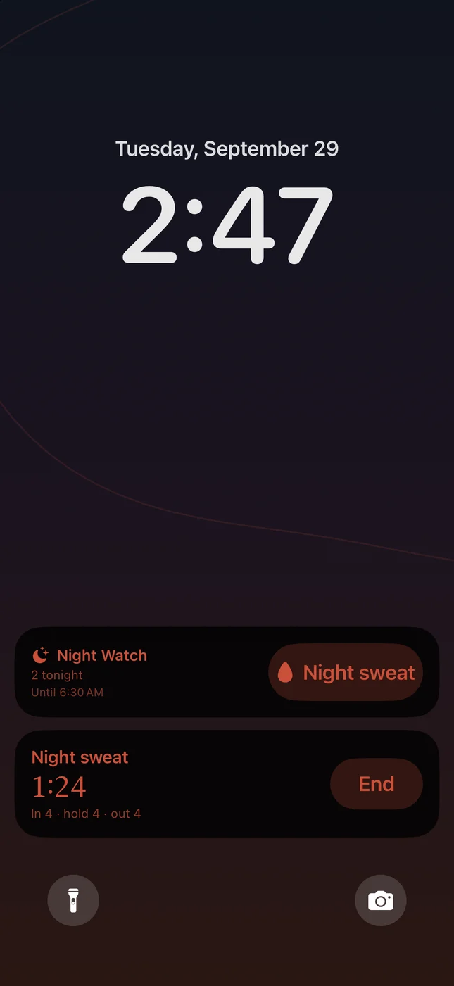 Night Watch on the iPhone Lock Screen at 2:47 AM: a dim night-sweat button and a running surge timer