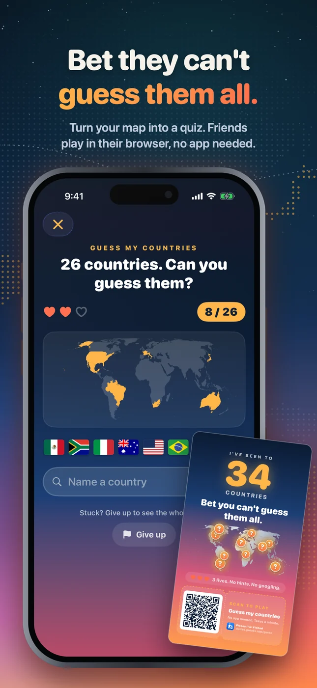 Guess my countries game on a friend's map, with the Guess card and its QR code