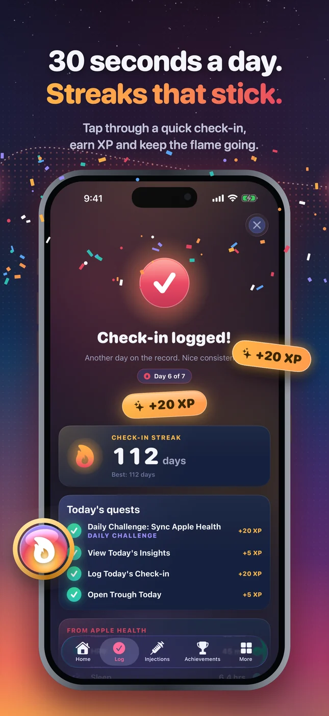 Trough check-in saved, with XP earned, check-in streak and today's quests