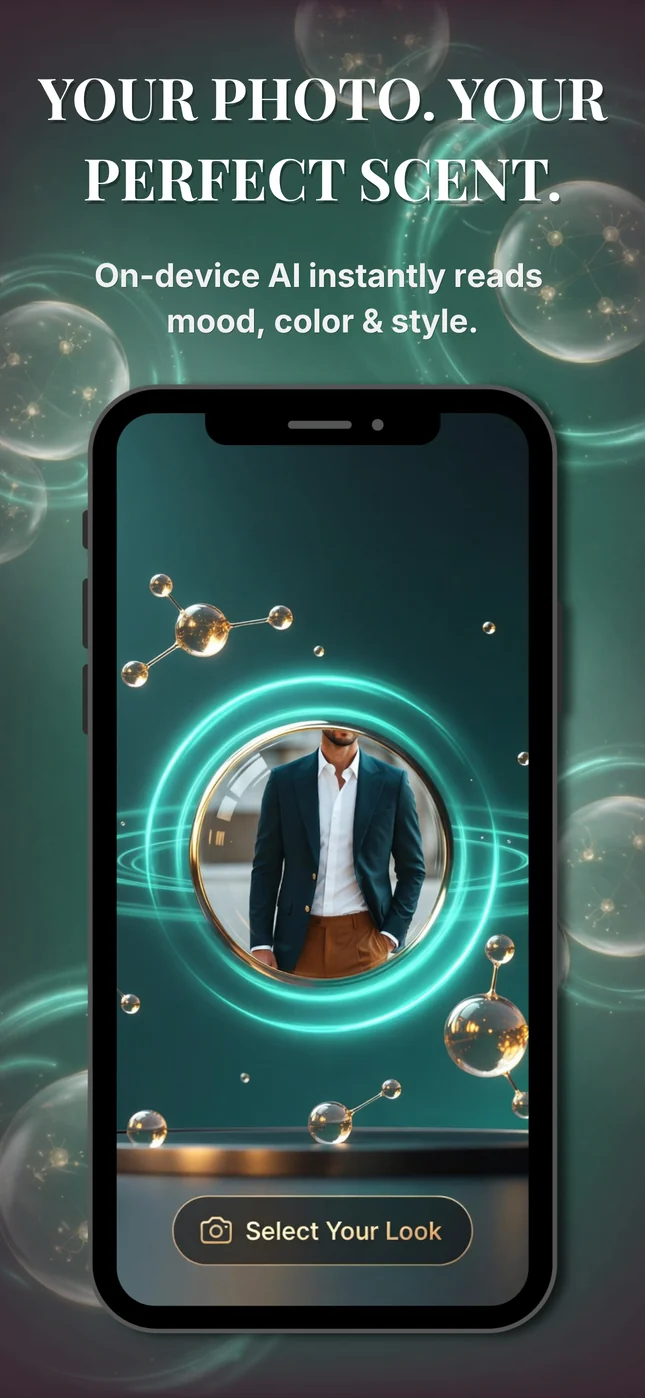 ScentVibe AI photo scan of an outfit inside a glowing teal ring