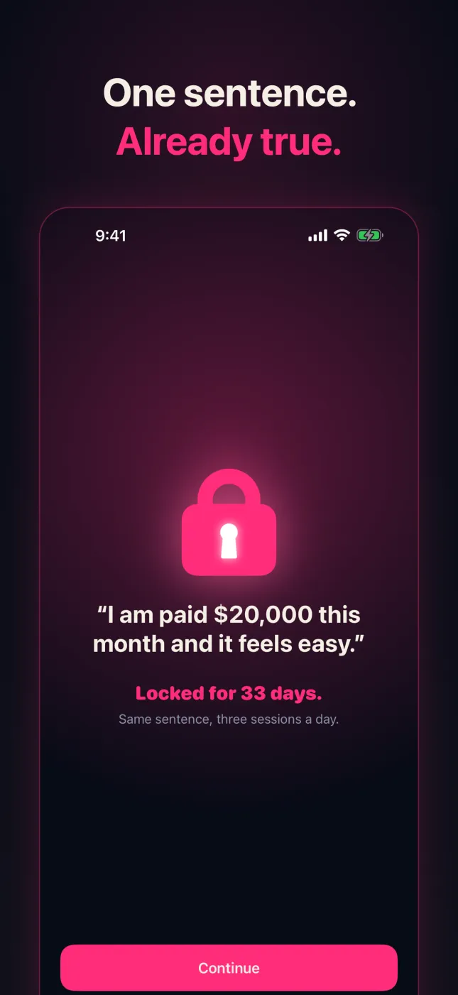 WishLock lock ceremony: the sentence "I am paid $20,000 this month and it feels easy." locked for 33 days