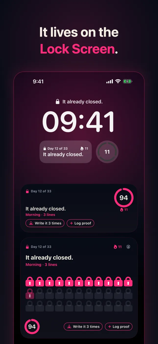 WishLock Lock Screen and Home Screen widgets with the day, the chain and the Assumption Score