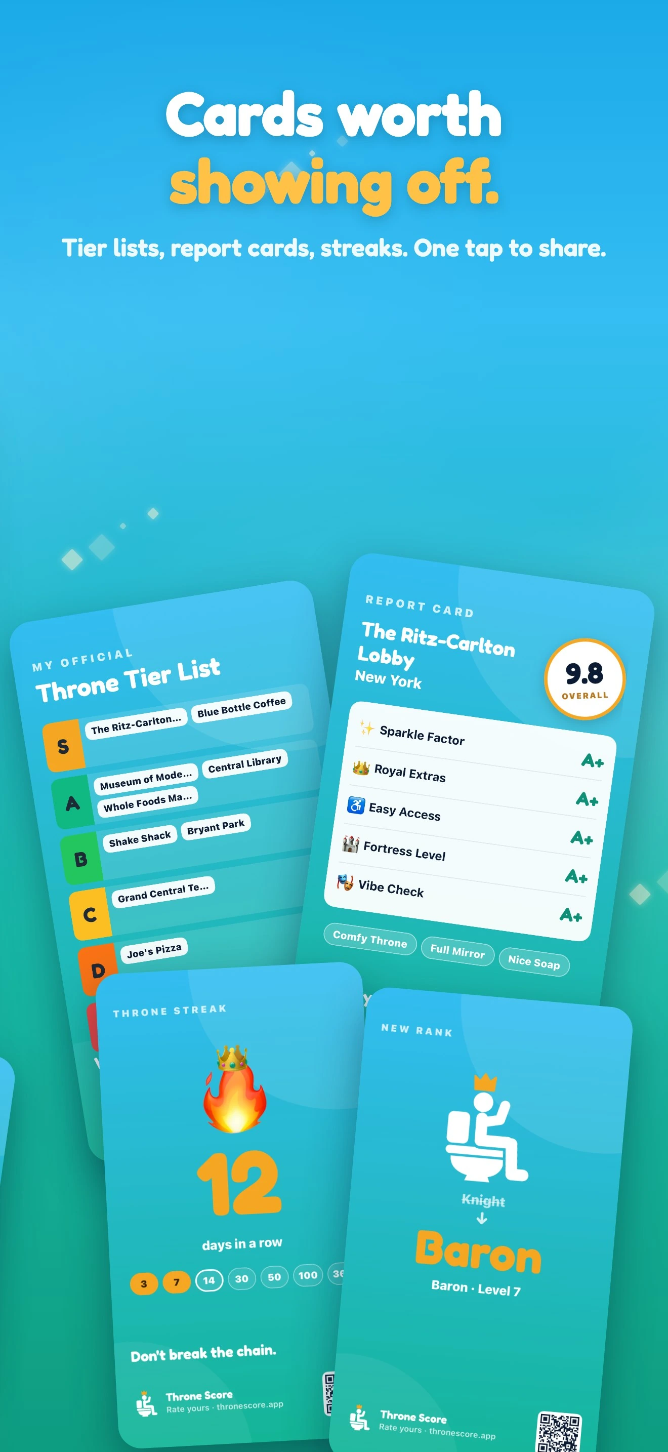 Throne Score share cards: tier list, report card, streak and rank-up