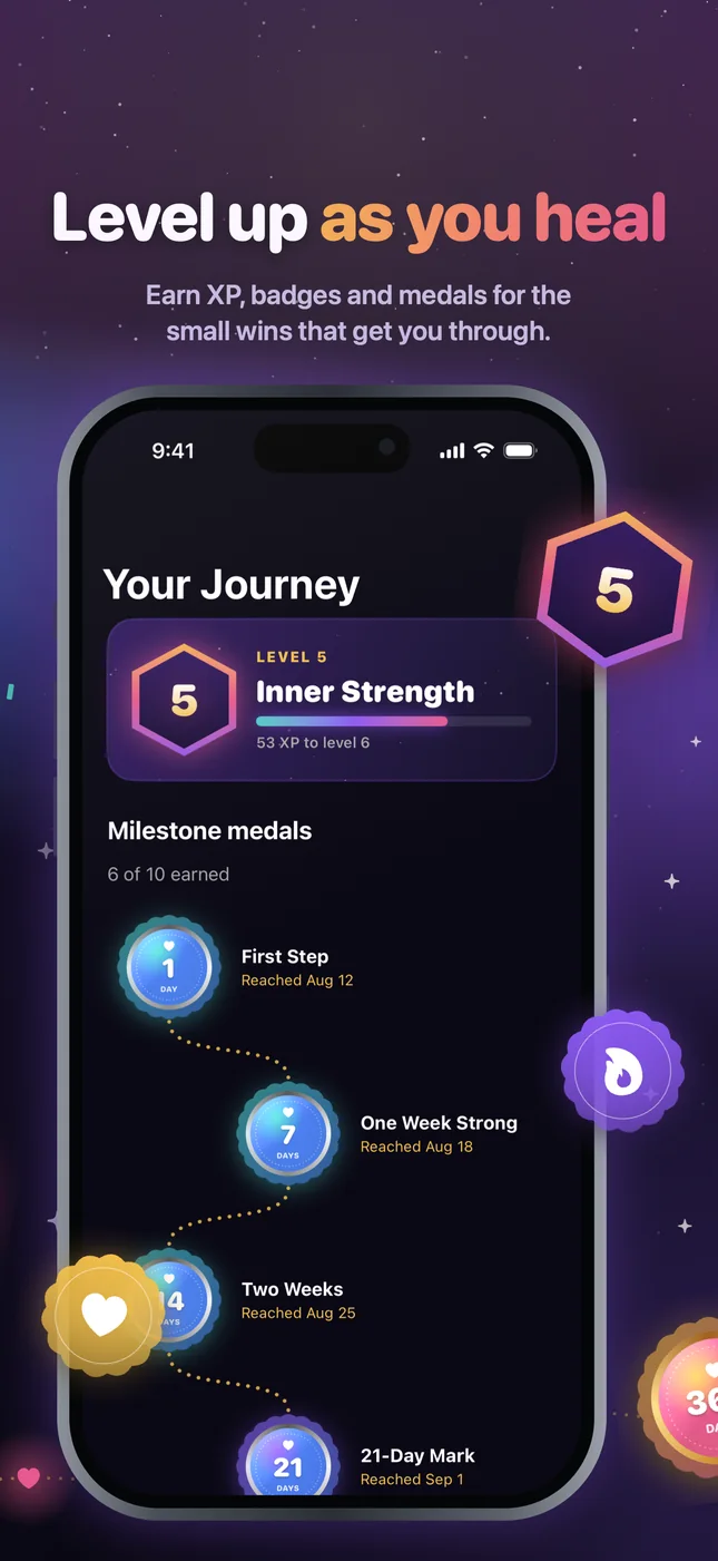 Your Journey screen with the level 5 emblem, XP bar and the path of milestone medals