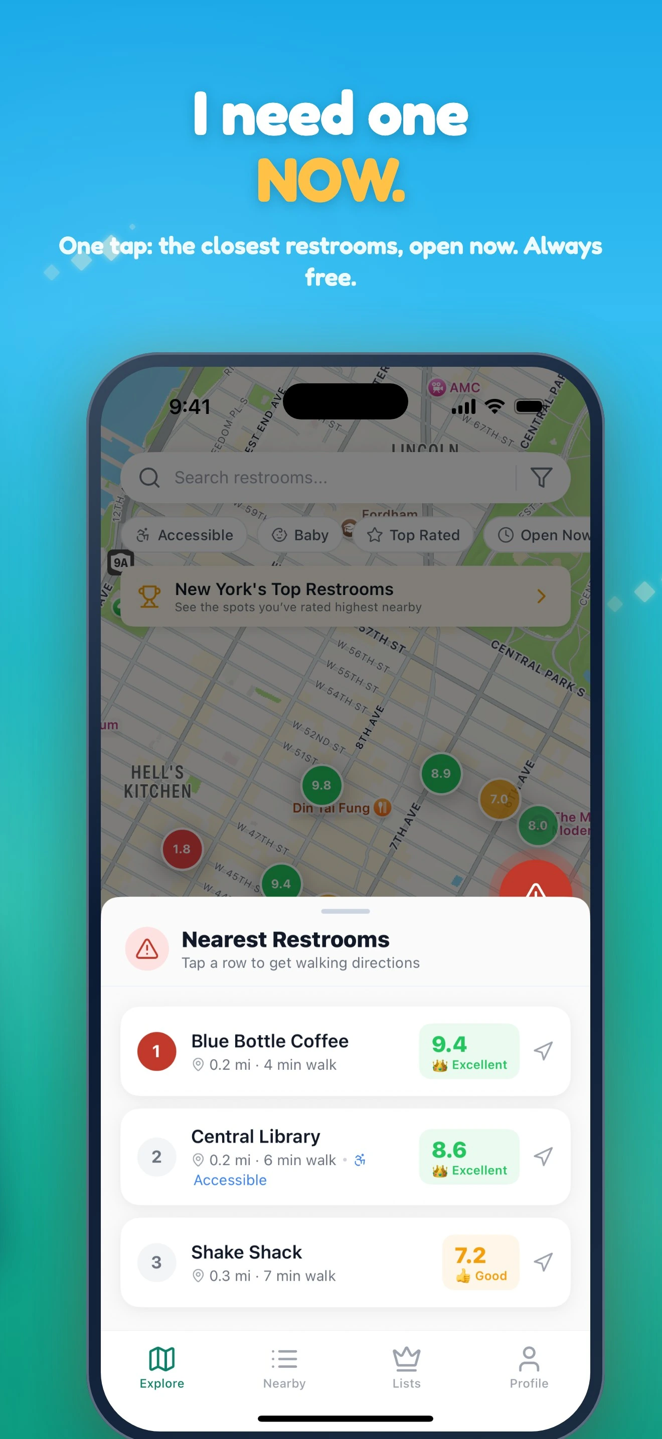 Emergency Mode listing the nearest open restrooms with walking times