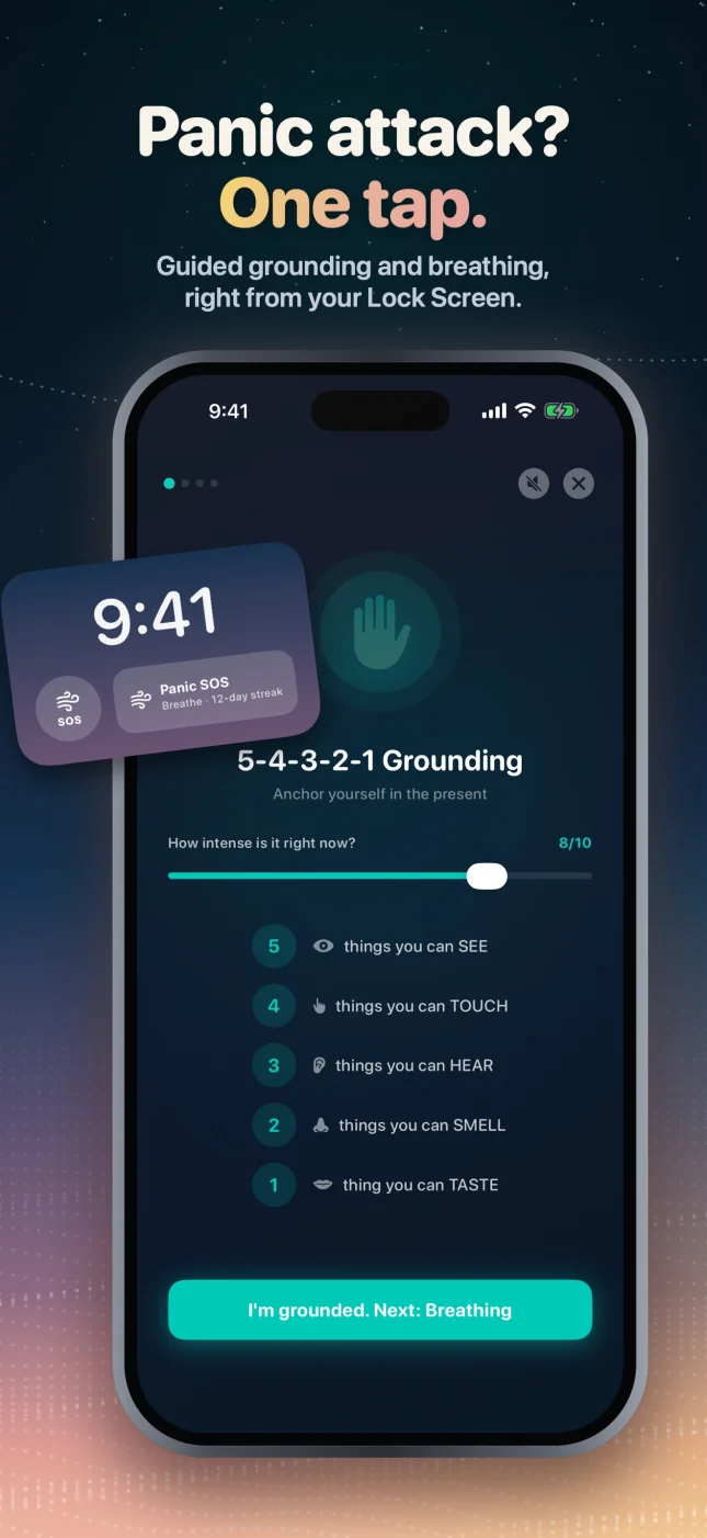 CalmAnchor Panic SOS with a Lock Screen widget and 5-4-3-2-1 grounding