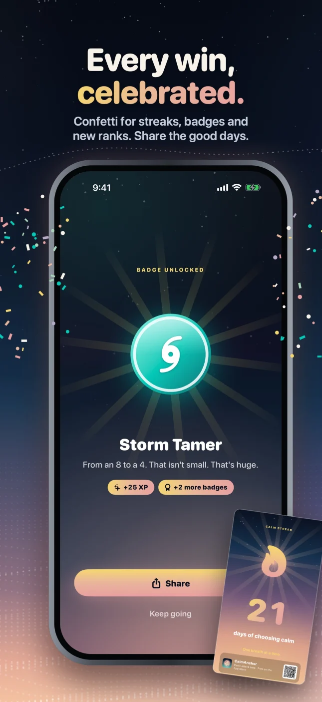 CalmAnchor badge celebration for the Storm Tamer badge