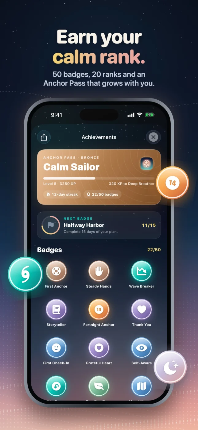 CalmAnchor Anchor Pass rank card and badge wall