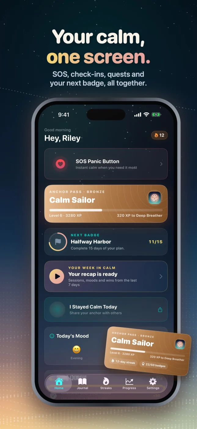 CalmAnchor home screen with the SOS button, Anchor Pass and next badge