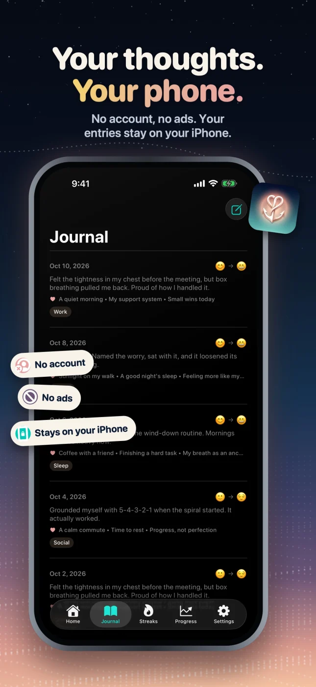 CalmAnchor private journal with no account and no ads
