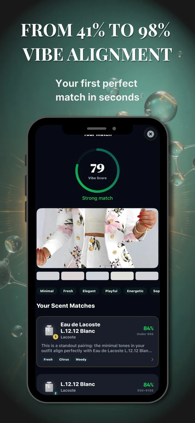 ScentVibe AI results with a Vibe Score and ranked fragrance matches