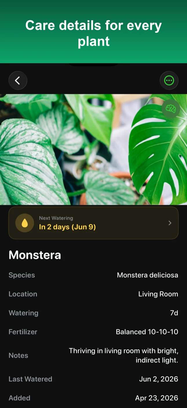 MultiPlant plant detail for a Monstera with species, watering interval and next watering date