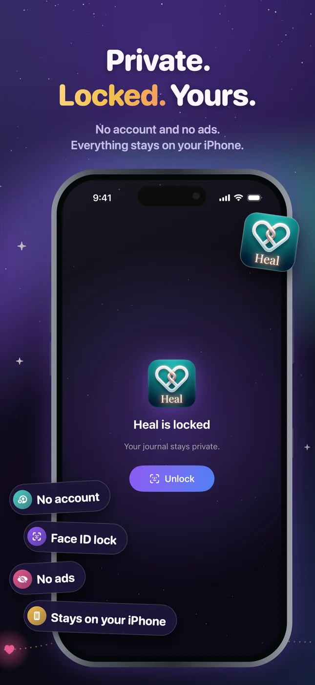 Heal locked with Face ID, with no-account, no-ads and stays-on-your-iPhone labels