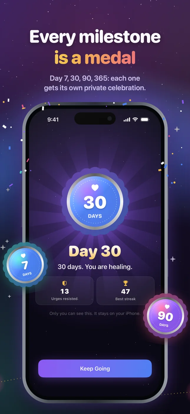 Private Day 30 milestone celebration with the medal, confetti, urges resisted and best streak