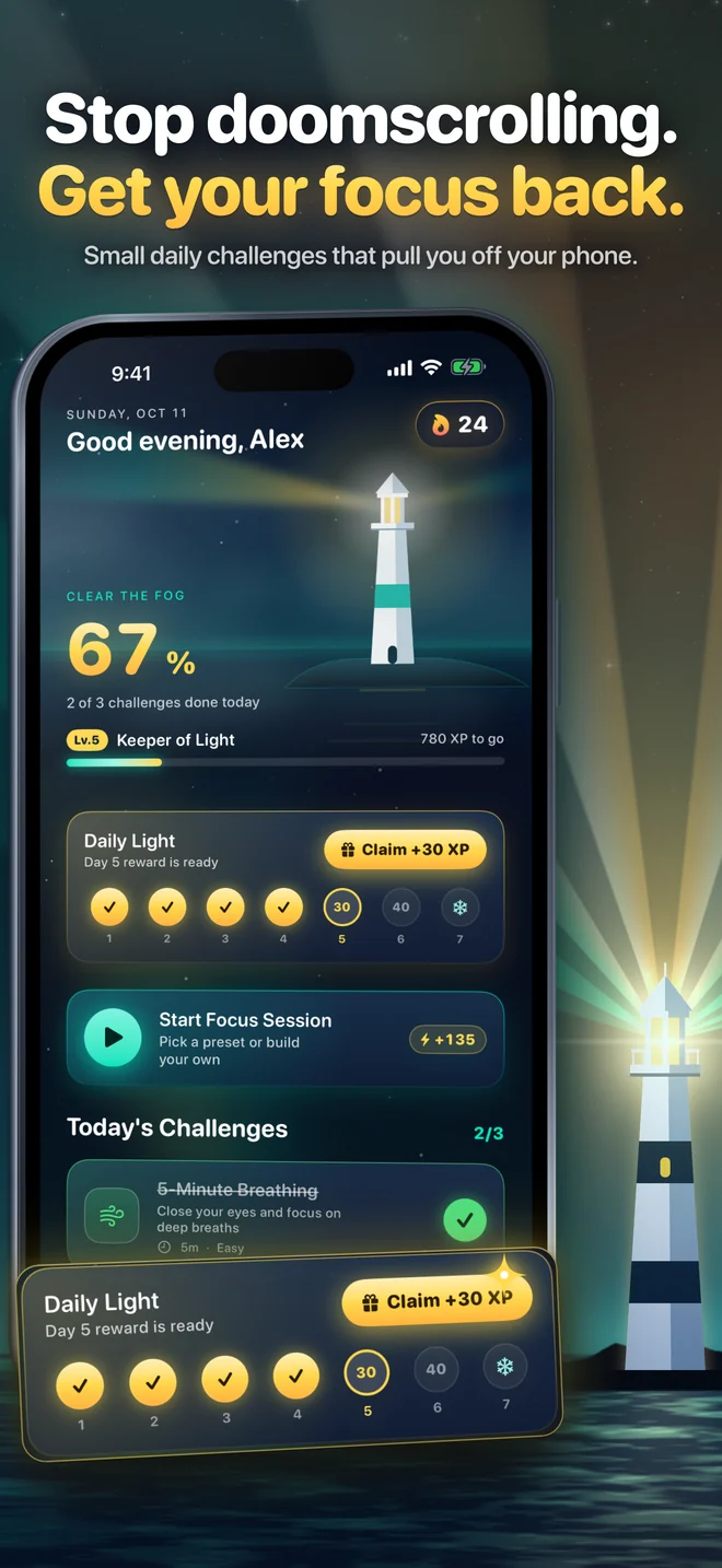 Lighthouse Today screen: a lighthouse in clearing fog, a 24-day streak, the daily reward track and today's challenges