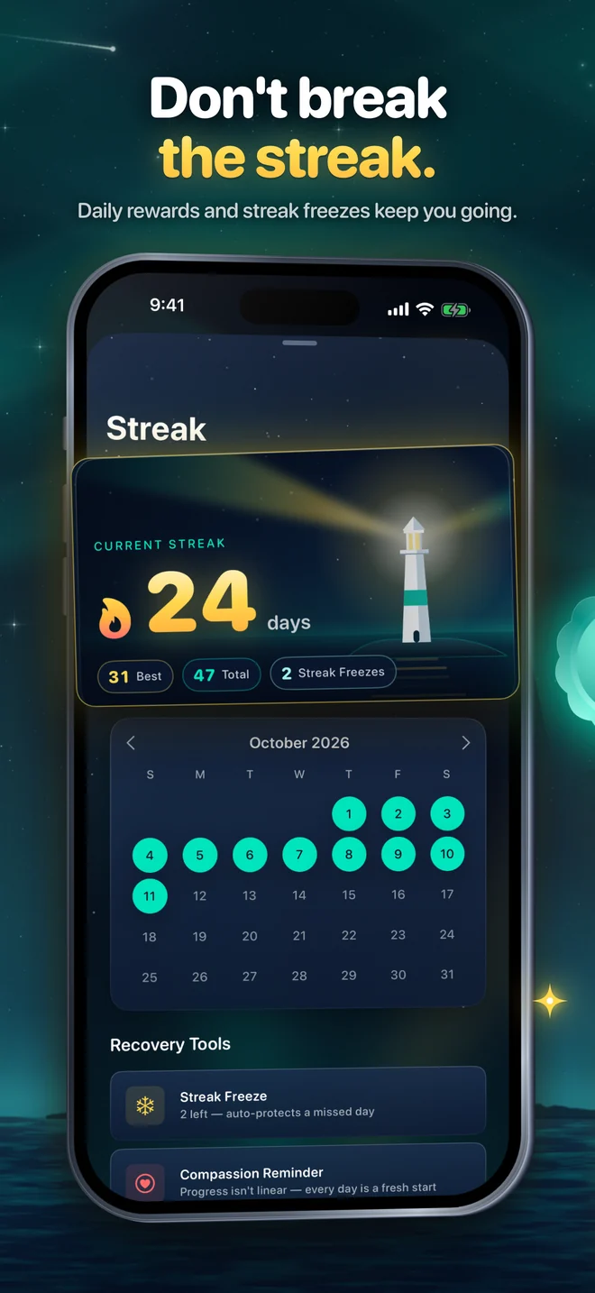 Streak calendar showing a 24-day streak, best streak and streak freezes
