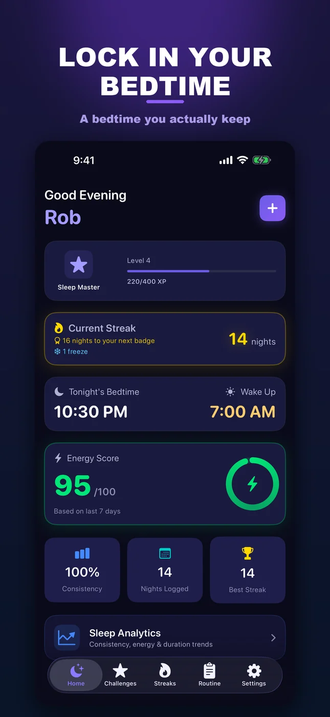 SleepLock home screen with a 14-night streak, tonight's bedtime and a 7-day energy score