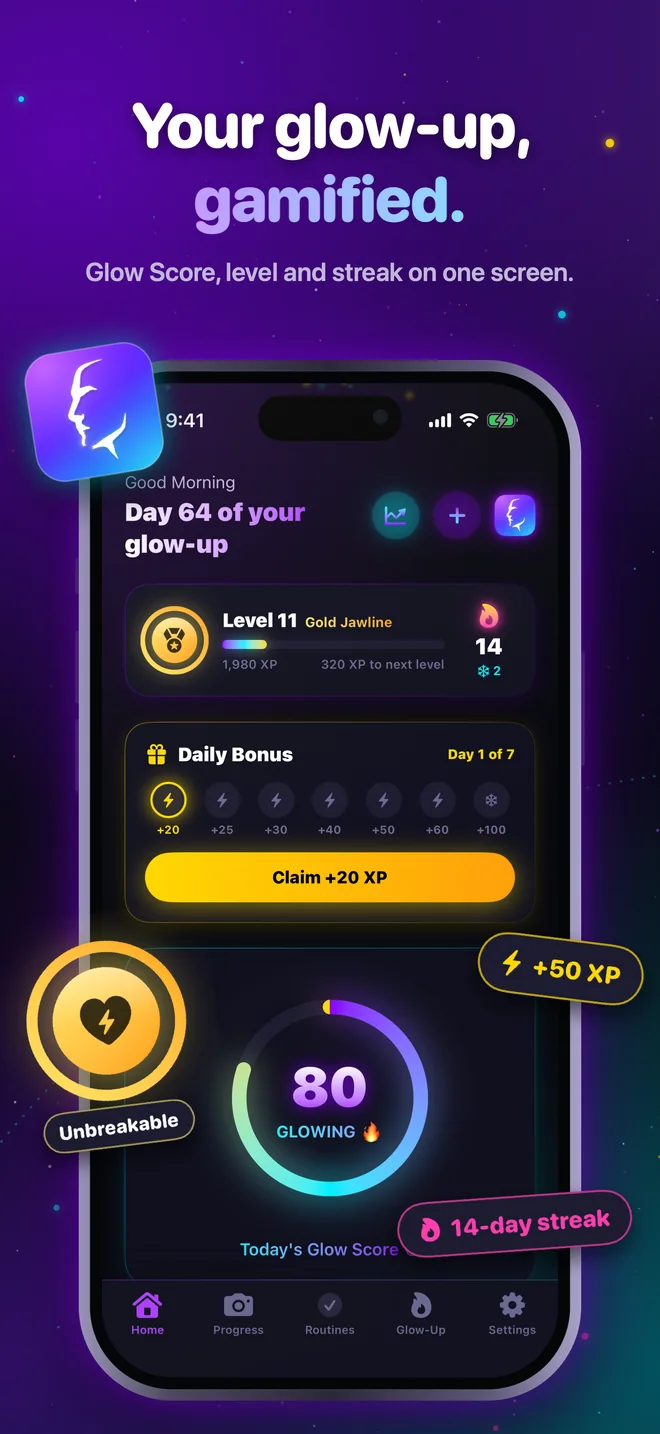 Maxx home screen with Glow Score, level, daily bonus and a 14-day streak