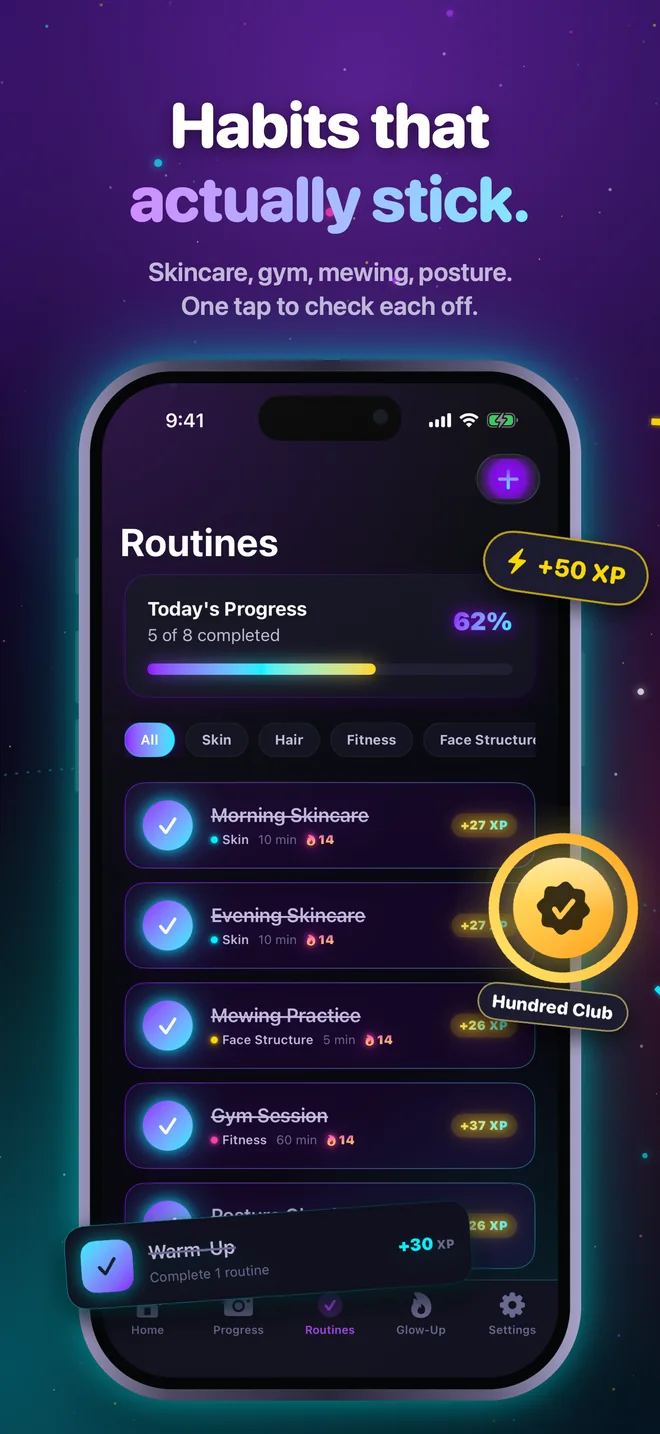 Routines list: skincare, mewing and gym routines checked off for XP