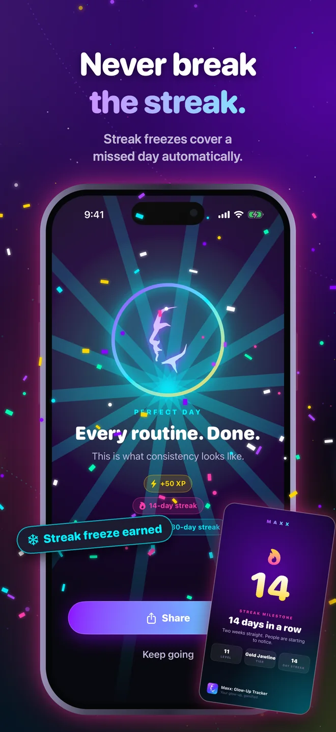 Perfect Day celebration with a streak freeze earned and a share card