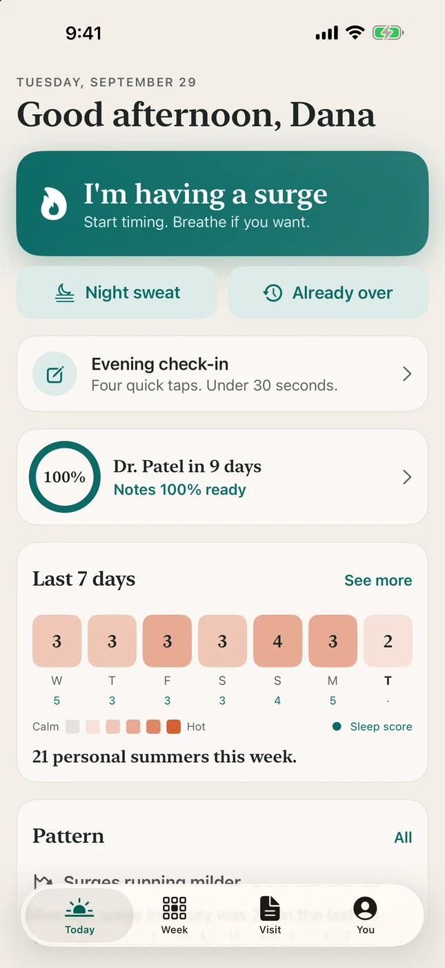 MenoMap Today screen with the one-tap "I'm having a surge" button, the evening check-in and the last 7 days