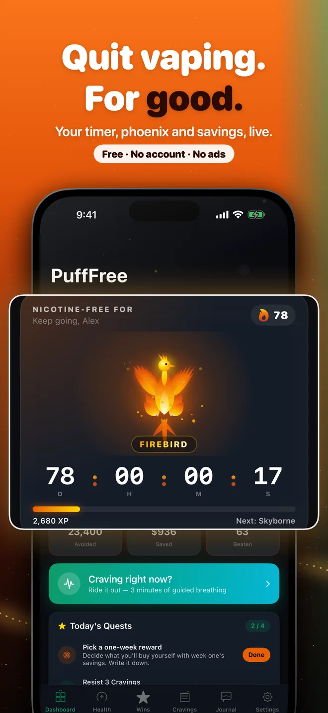 PuffFree dashboard with the quit timer, the phoenix and money saved