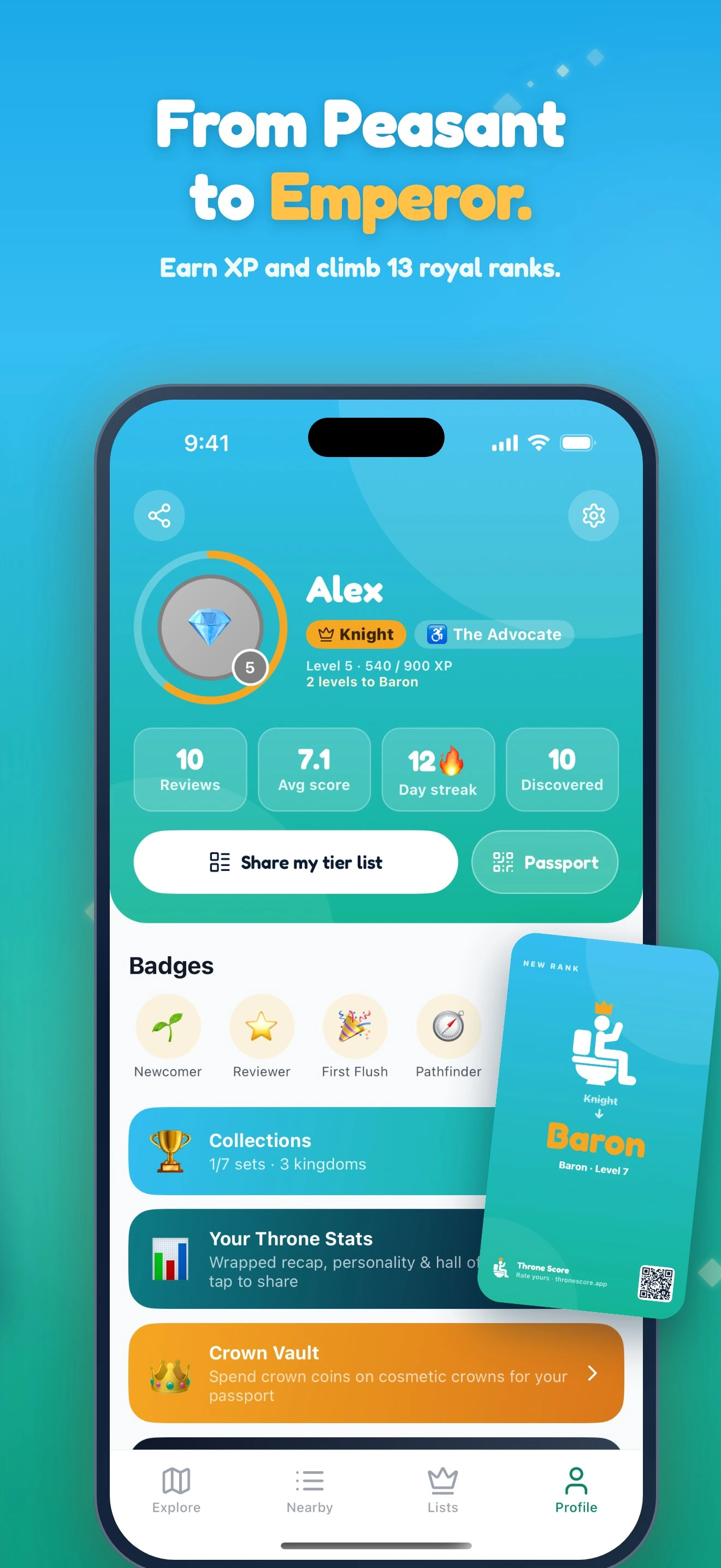 Profile with royal rank, stats and badges