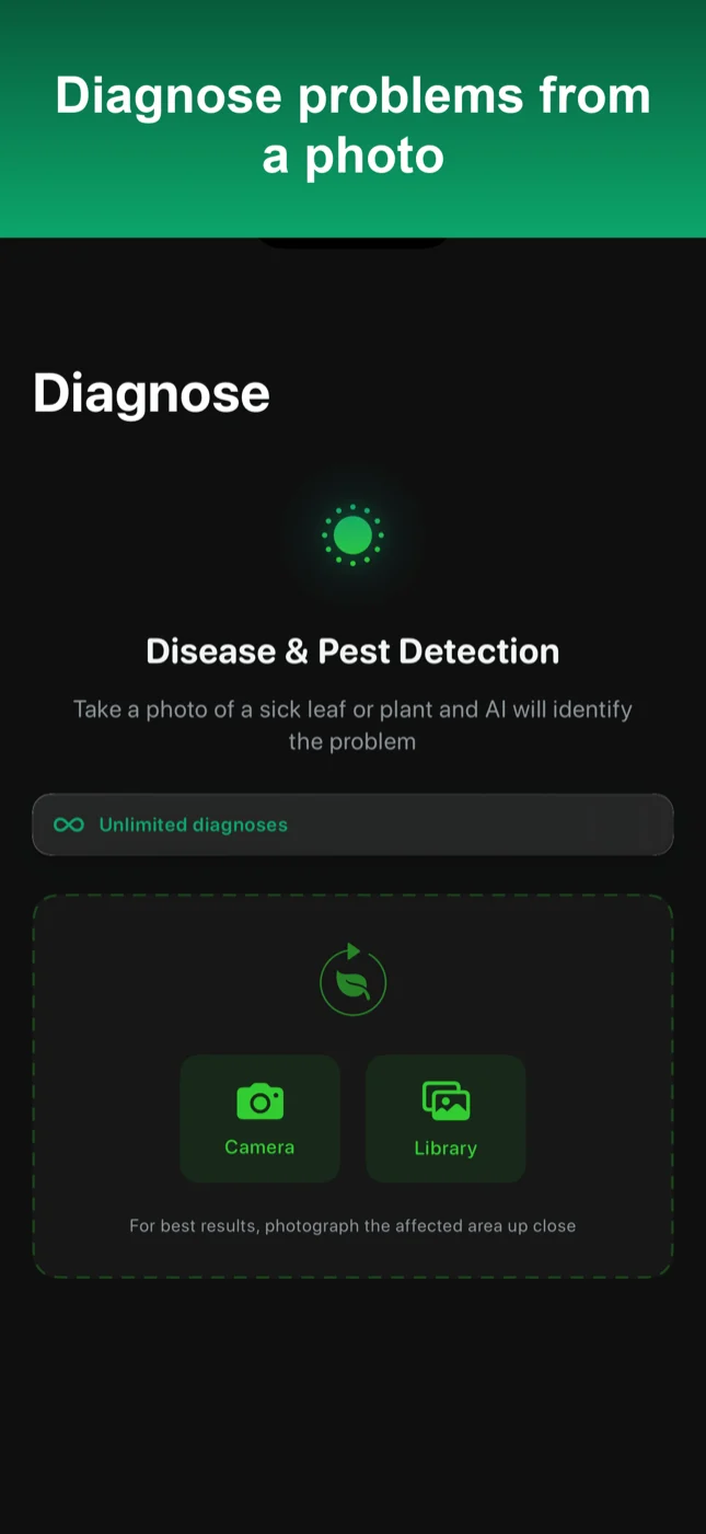 MultiPlant AI disease and pest detection screen with camera and photo library options