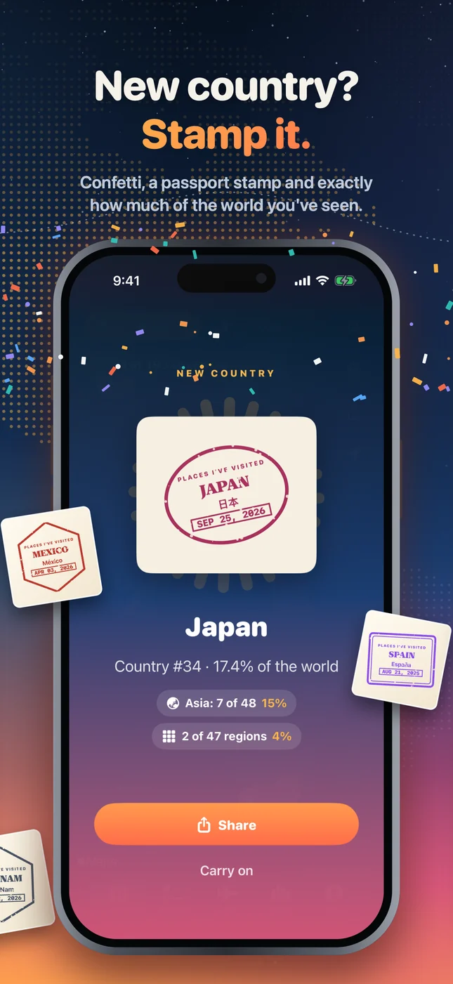 New country celebration with a Japan passport stamp and the share of the world visited