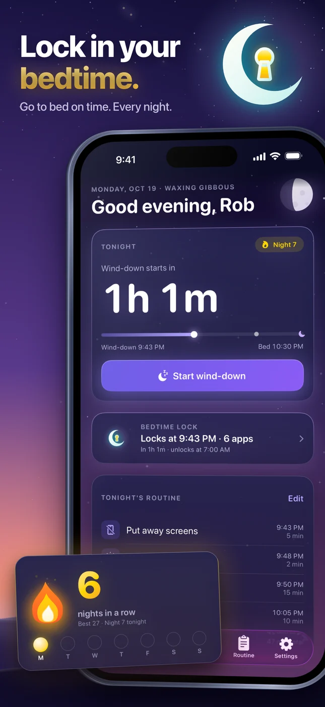 Sleepwall Tonight screen: wind-down starts in 1 hour, with tonight's Bedtime Lock and a 6-night streak