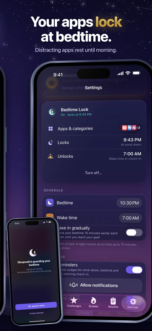 Bedtime Lock settings: choose the apps and categories that lock at bedtime and unlock at wake time
