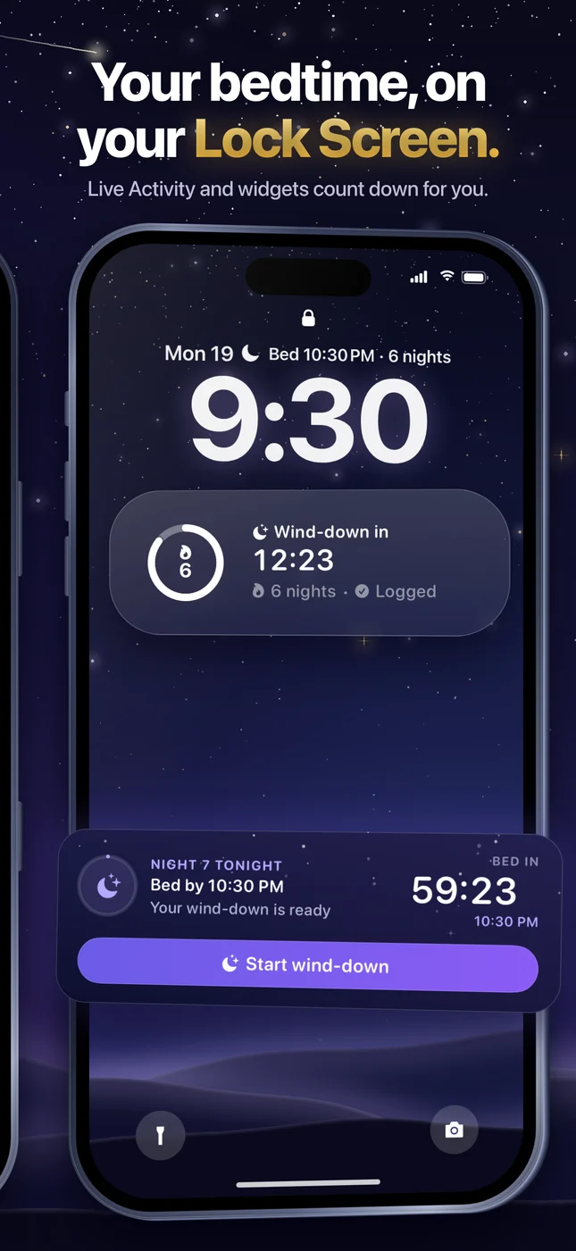 Lock Screen Live Activity counting down to wind-down and bed