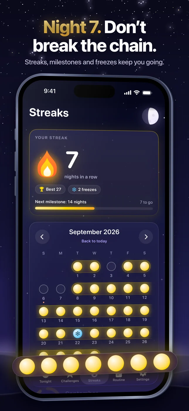 Streaks screen: a 7-night streak, streak freezes and a calendar of on-time nights