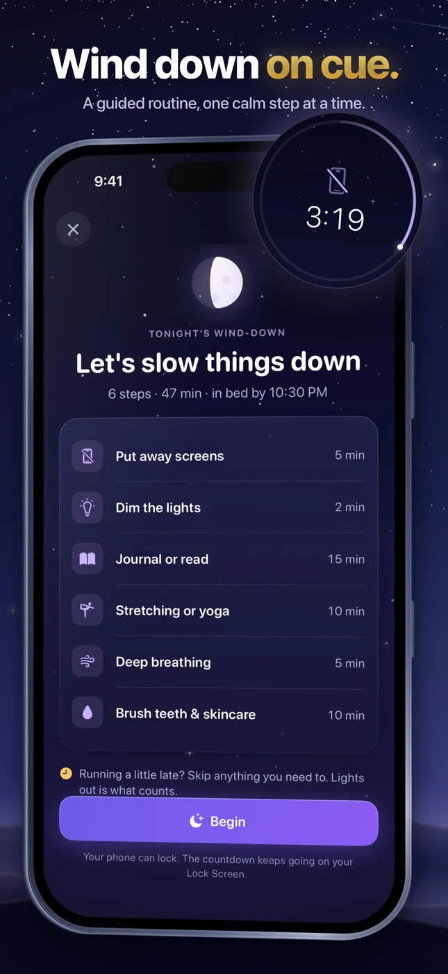 Guided wind-down: your routine one step at a time, with a timer