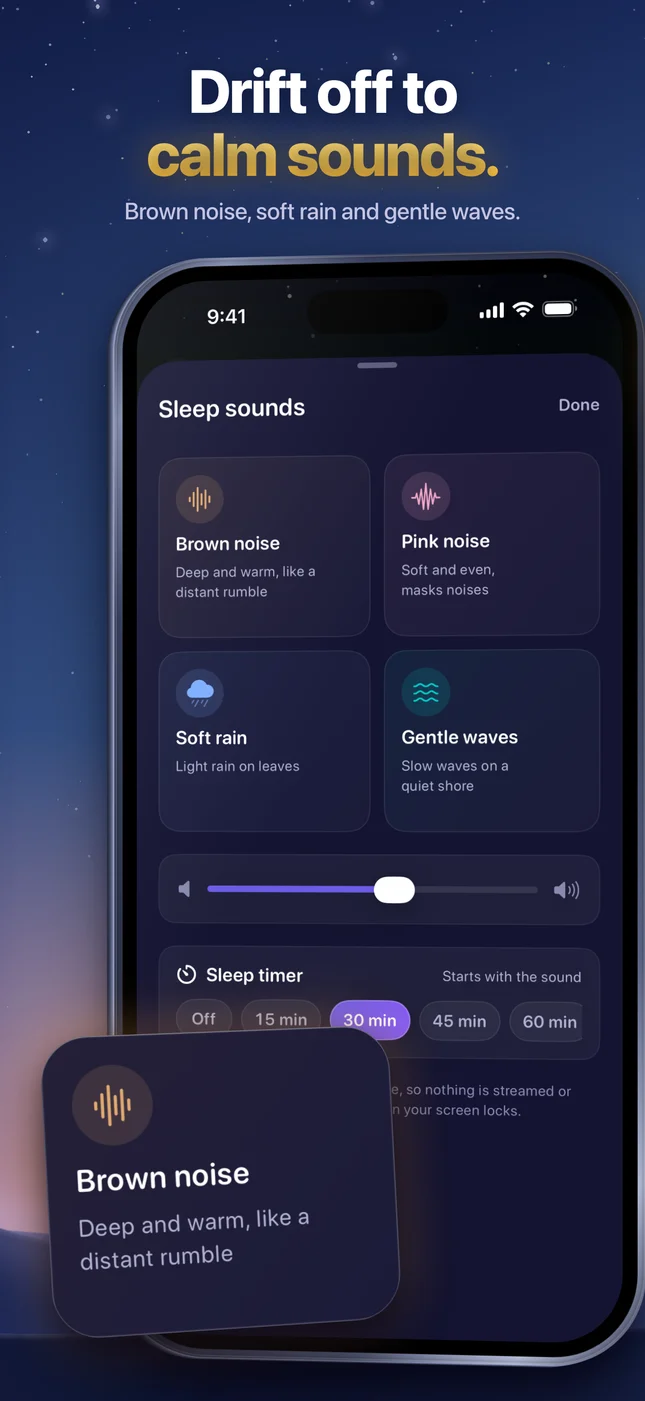 Sleep sounds: brown noise, pink noise, soft rain and gentle waves, with a sleep timer