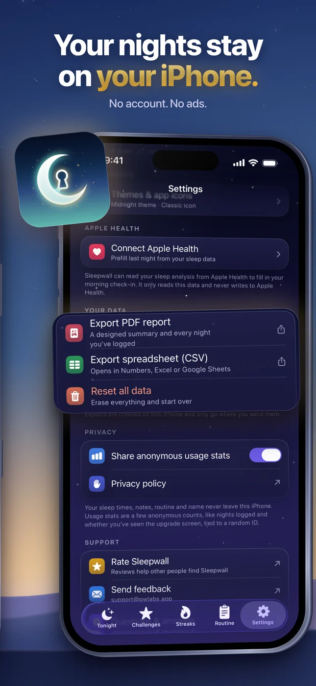 Settings: Apple Health, PDF and CSV export, and the anonymous usage stats switch