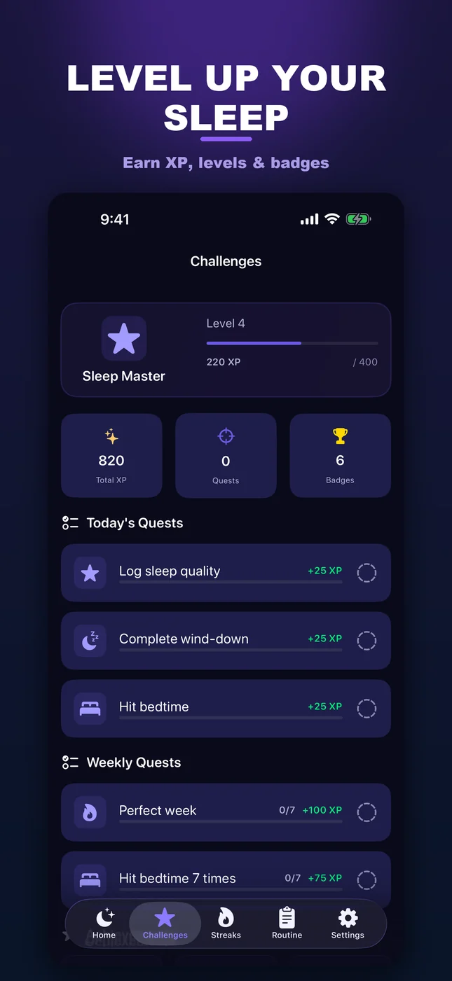 SleepLock challenges screen with sleep level, XP and daily quests