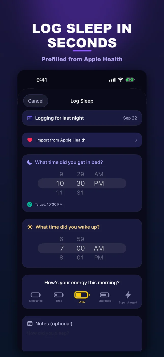 SleepLock sleep log with bedtime, wake time and an Import from Apple Health option